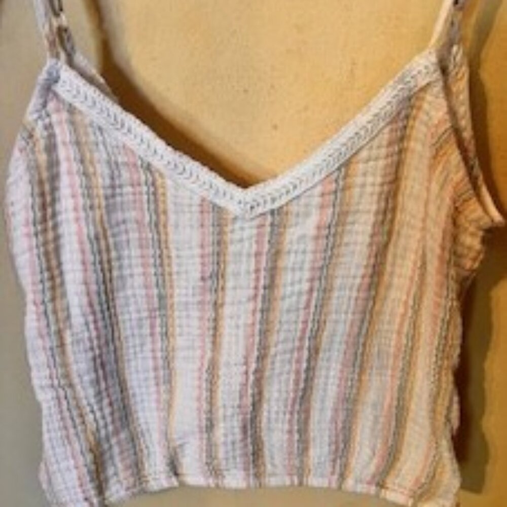NEW with tag aerie Pastel Striped Halter crop top white woven banding, Size XS